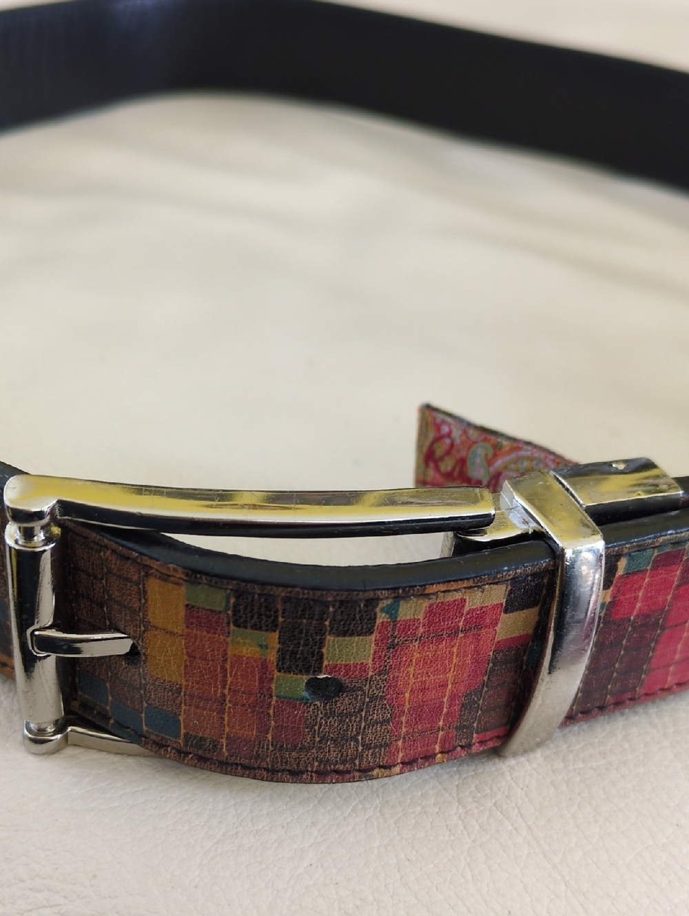 Robert Graham Colorful Mosaic, Reversable Leather Belt with Silver Hardware